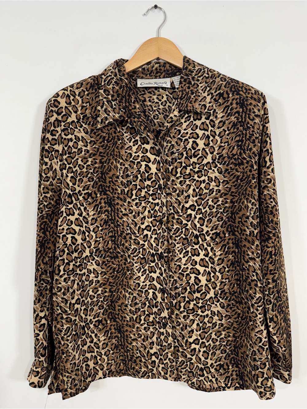 WSH99 {Claudia Richard} Vintage Brown Black Animal Cheetah Leopard Print Blouse